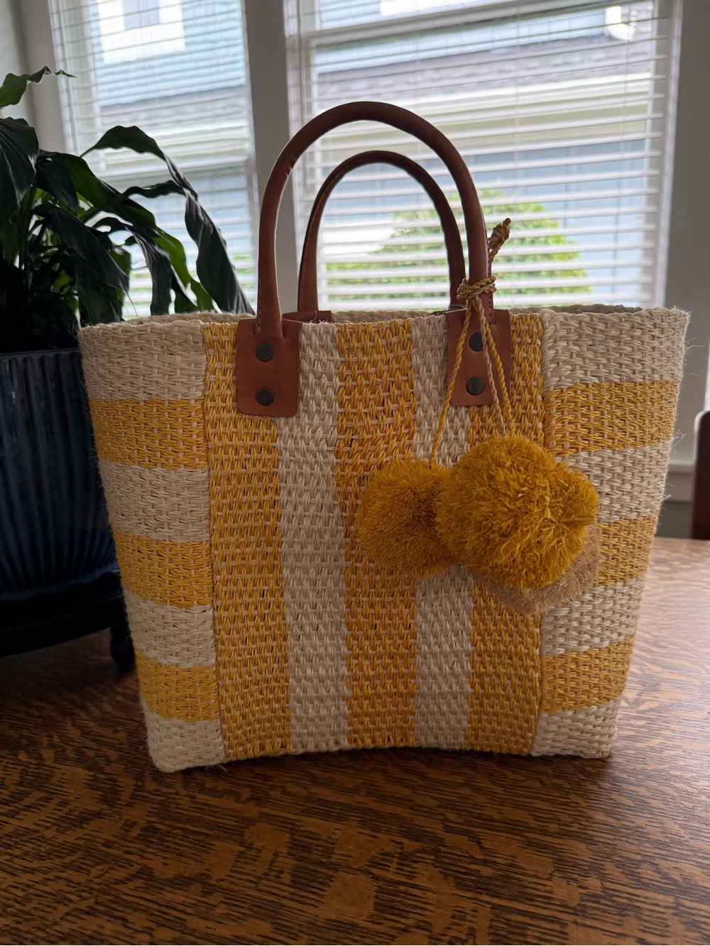 Woven Stripe Tote Bag with Mustard Pom-Pom Accent